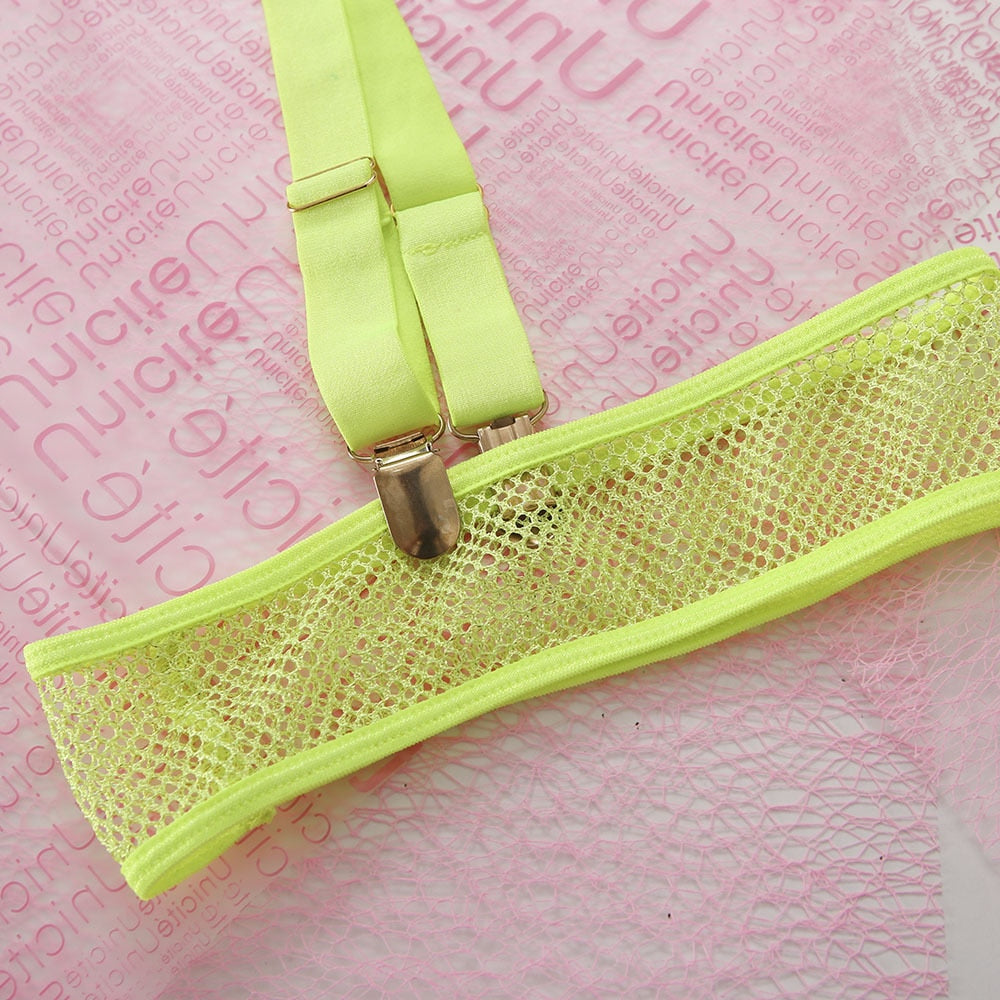 Sheer Neon Lingerie Set with Bowknot Socks