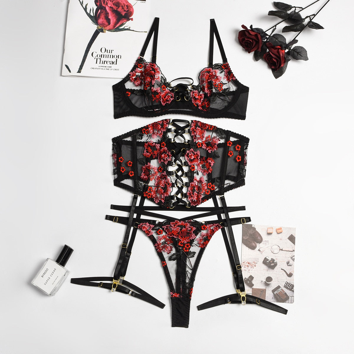 Embroidered Bandage Lingerie Set with Breves and Garters