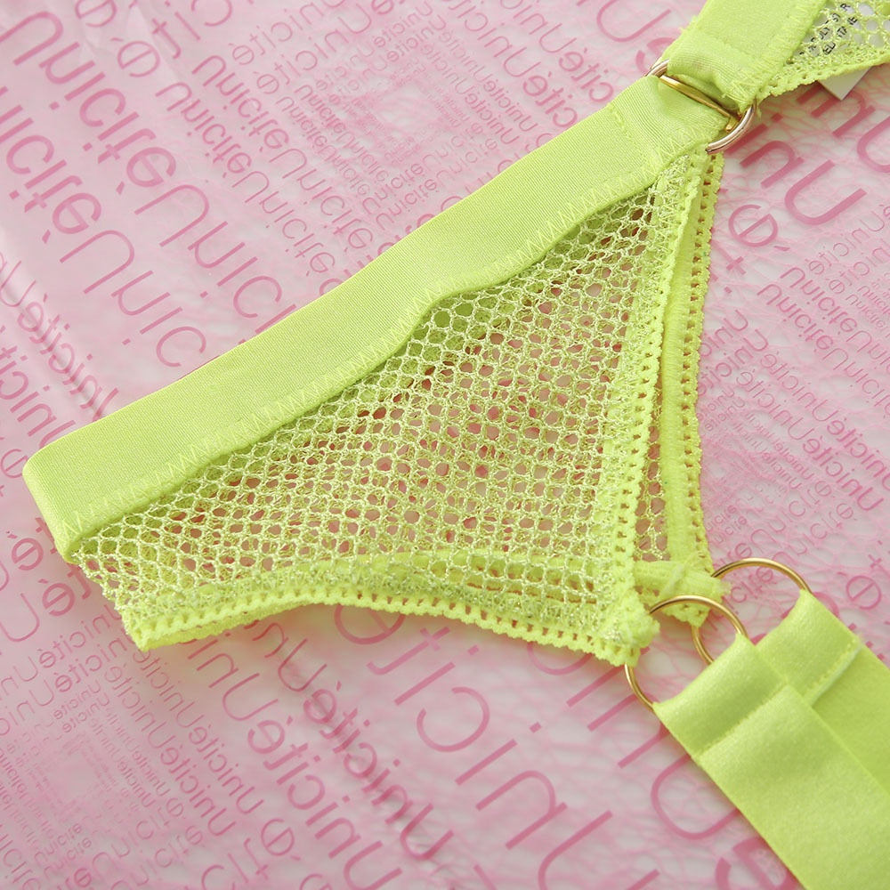 Sheer Neon Lingerie Set with Bowknot Socks